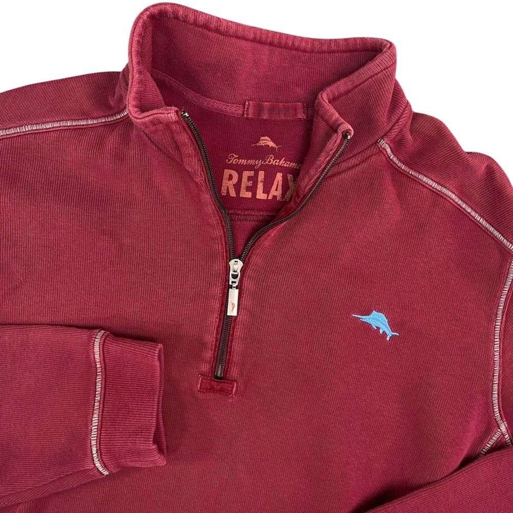 Tommy Bahama Relax Men's Lg Quarter Zip Pullover Burgundy Cotton Ribbed Sweater